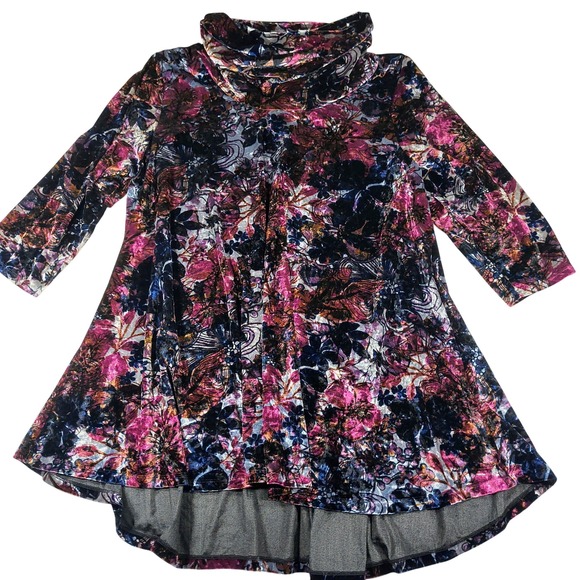 Chelsea & Theodore Velvet Tunic Top Floral Print Cowl Neck Long Sleeve 2XL - Picture 1 of 11